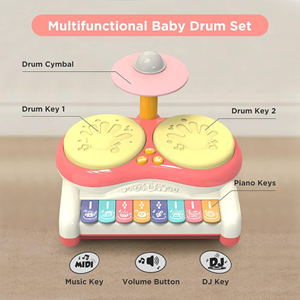 ست جاز و درام 3 در 1 کودک 2 طبلی صورتی Piano Keyboard Drum Set 3 in 1 Baby Musical Toys_اسباب بازی